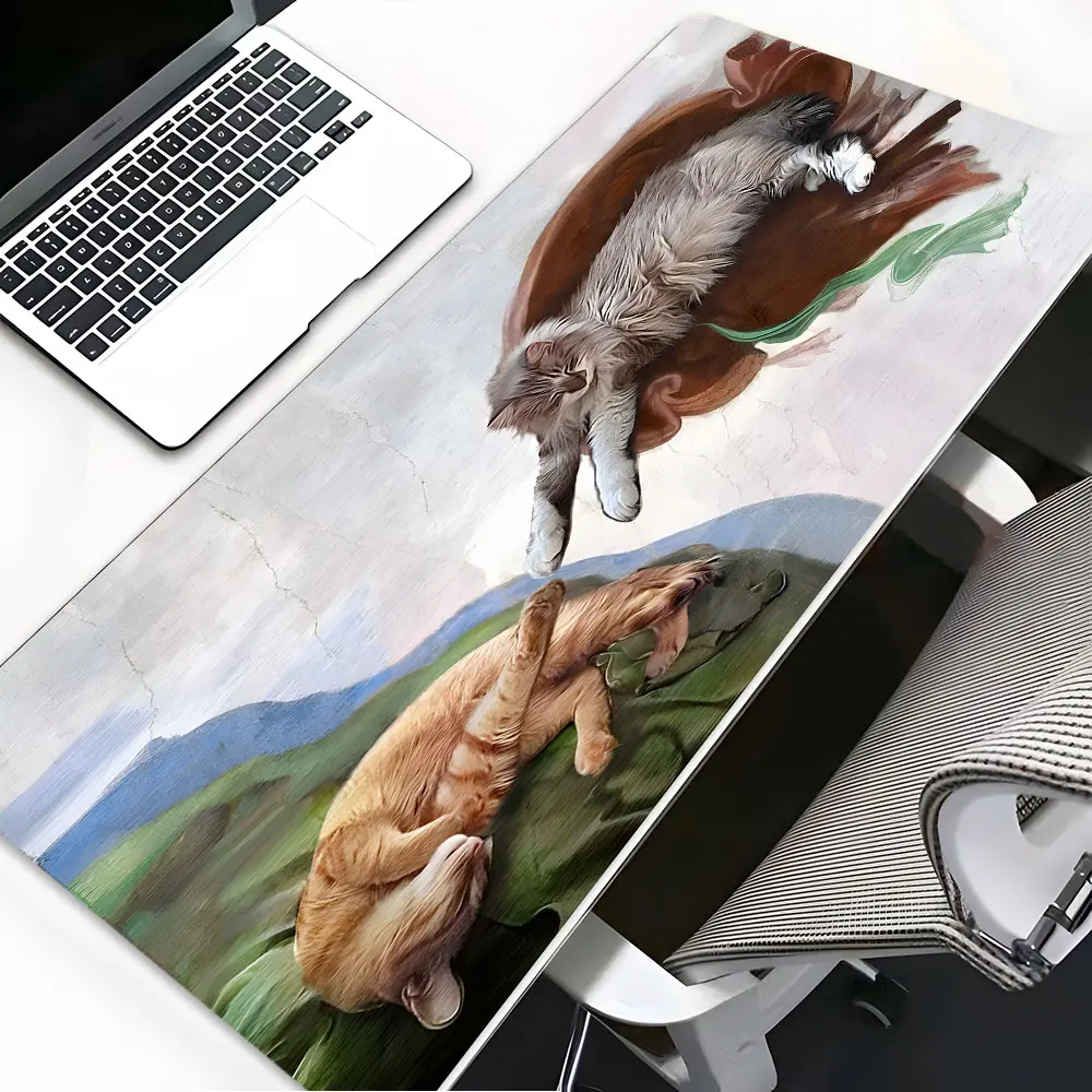 Playful Adam Parody with Cats Pattern Large Gaming Mouse Pad,Aesthetic Desktop Protection Pad,Desktop Accessory,Mousepad,Washable Rubber Pad Non-Slip Lock Edge Multi-Size Mouse Pad Suitable For Home Office,Good Gift for Family and Friends