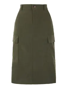 INSPIRE CHIC Corduroy Cargo Skirts Women's High Waisted Elastic Back H Line Fall Midi Skirt Army Green