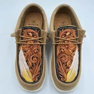 Double R Western Tooled Leather Shoes (Khaki - Feather)