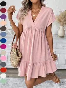 European Women's Summer Dress with Large Ruffle V-Neck, Casual Vacation Style, Solid Color, Loose Fit, Short Skirt, Fashionable and Comfortable