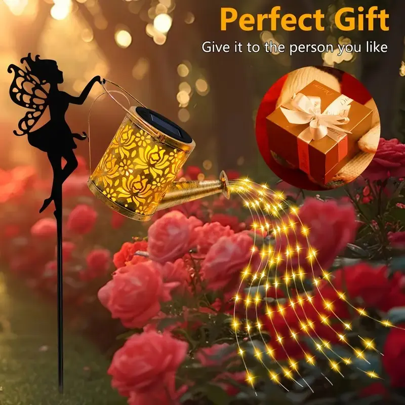 Waterproof Solar Fairy Kettle Lamp - Copper LED Outdoor Patio Light with Metal-Plastic Column, Hollow Peony Theme, Waterfall Effect, Warm Glow, Ideal for Garden Decoration, 4th of July, Mother's Day & Thoughtful Gift