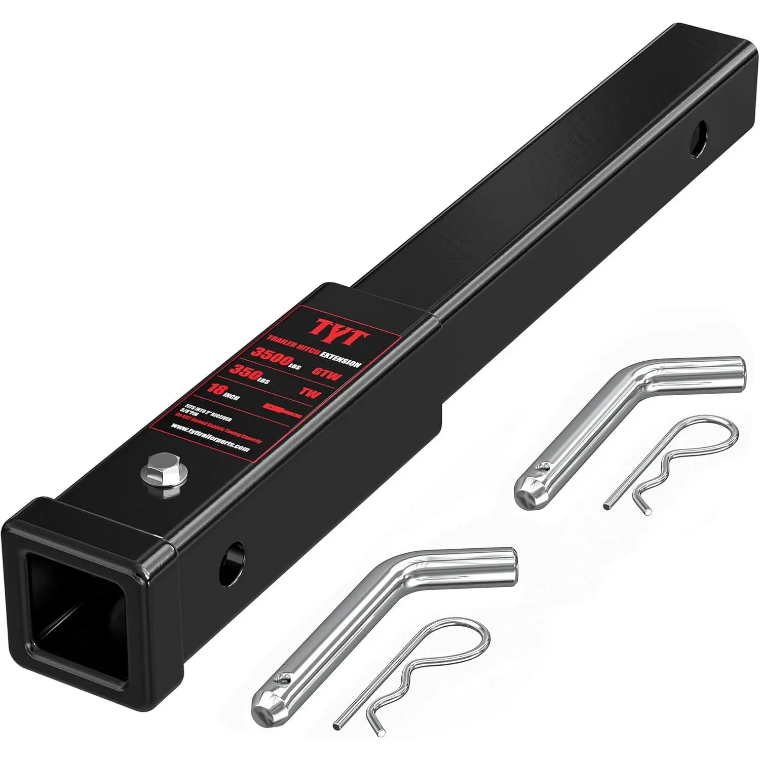 TYT 18-in Trailer Hitch Extension - 2-in Receiver Tube Fit, 5/8-in Advanced Hitch Pin (2-Pack), 3500lb GTW / 350-lb TW