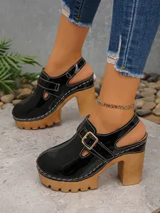 Ladies' fashionable high-heeled sandals, casual faux leather casual shoes, comfortable PU leather summer shoes, fashionable daily wear, casual thick soled sandals, Platform Wedge