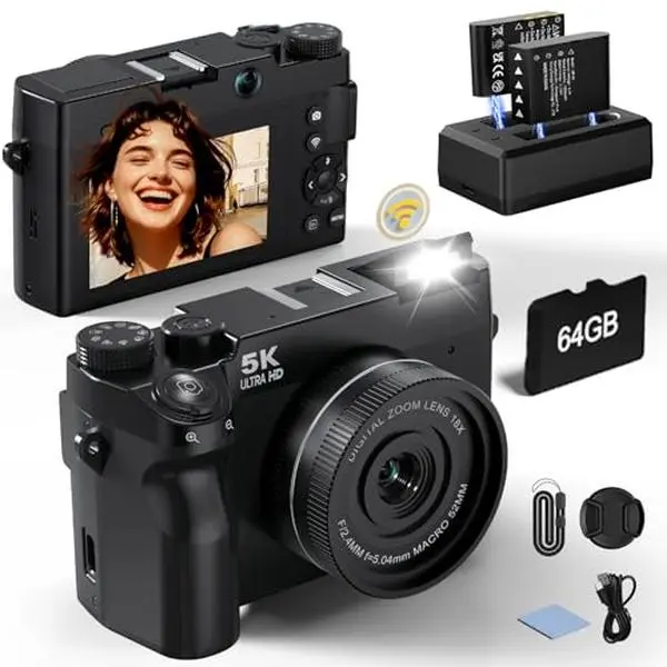 2026 5K Digital Camera for Photography, Portable Vlogging Camera with 75MP, 18X Digital Zoom, 16GB SD Card, WiFi Autofocus Dual Lens Camera, Compact Point and Shoot Camera for Beginners, Teens and Travel, Birthday Christmas Back to School Gift