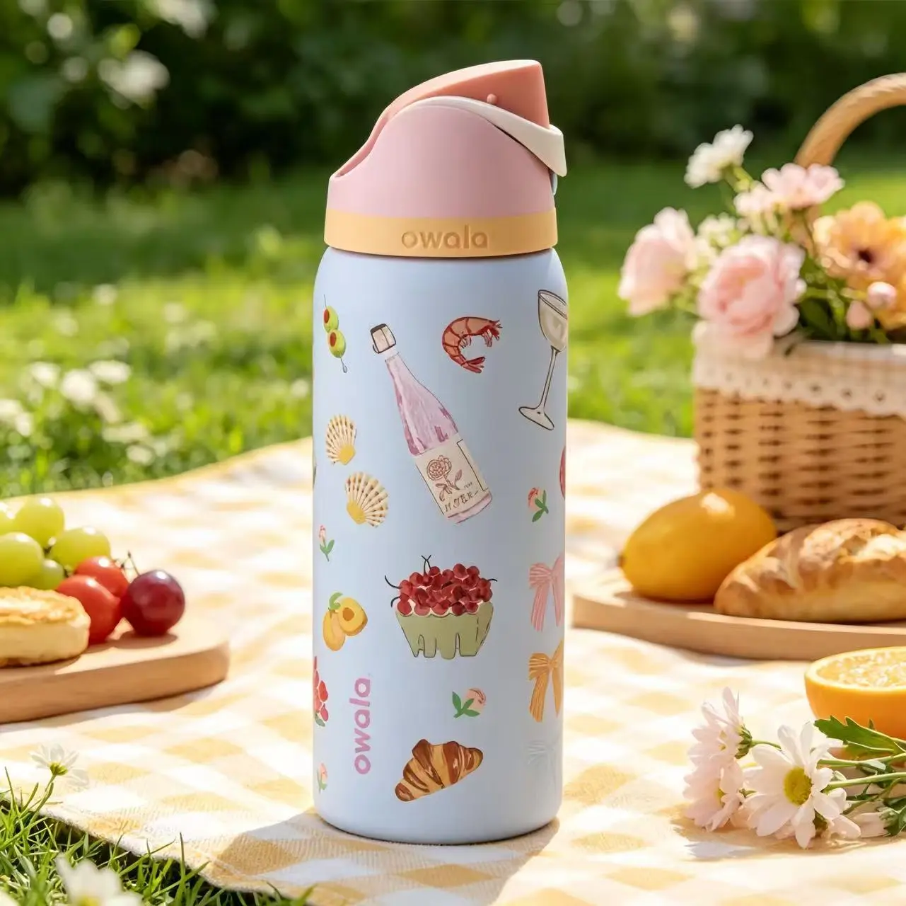 Owala 32oz Rosé & Croissant Print   - Cutest Picnic Inspired Design for Beach Days & Brunch Runs - Keeps  Icy Cold All Day - Fashion Accessory travel drinkware beverage coffee  floral Pure Copper Water Bottle with Bag Glass Juice Lids and Straws Duck Can