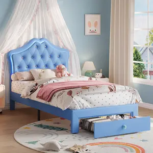 Blue Twin Size Bed Frame with LED Lights,Upholstered Platform Bed with Storage Drawer,Crystal Tufted Headboard for Boys/Girls,Kids,Teens,Noise-Free Slats & Easy Assembly