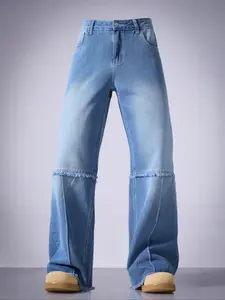 Men's Retro Washed Loose Fit Straight Leg Jeans, Casual Ripped Denim, Patchwork Faux Fur Hem, Pleated Design, Y2K Streetwear, All Seasons