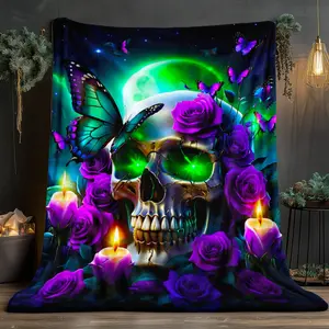 Super Soft Flannel Skull & Flowers Blanket 30x40 to 60x80 inches Anti-Static HD-Printed Design for Travel Camping Sofa Living Room Machine Washable