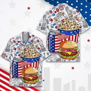 Patriotic Fast Food Hawaiian Shirt, 4th of July USA Flag Shirt Button Down, New York Snack Lover Shirt, 250th USA Aloha Shirt for Adults and Youth