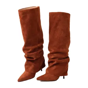 Leather Knee-High Slouchy Boots with Ruched Details Pointed Toe Kitten Heel Stylish Statement Footwear for Women Trendy Ruched Design Premium Leather Chic Pointed Toe Comfortable Perfect for Elevating Any Outfit Women's fall shoe shopping
