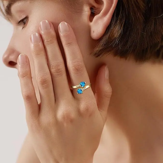 Women's 2-Heart Birthstone Ring, Gold-Plated Double Heart Cubic Zirconia Wrap Ring, Personalized Month Birthstone Jewelry Gift for Mom