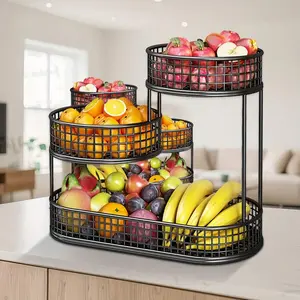 Senmeo 3-Tier Large Capacity Black Metal Fruit Basket With Lid - Rustproof Kitchen Storage For Fruits, Veggies & Snacks