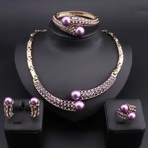Women'S Wedding Bridal Bridesmaid Rhinestone Simulated Pearl Necklace Dangle Earrings Bangle Ring Party Costume Jewelry Set