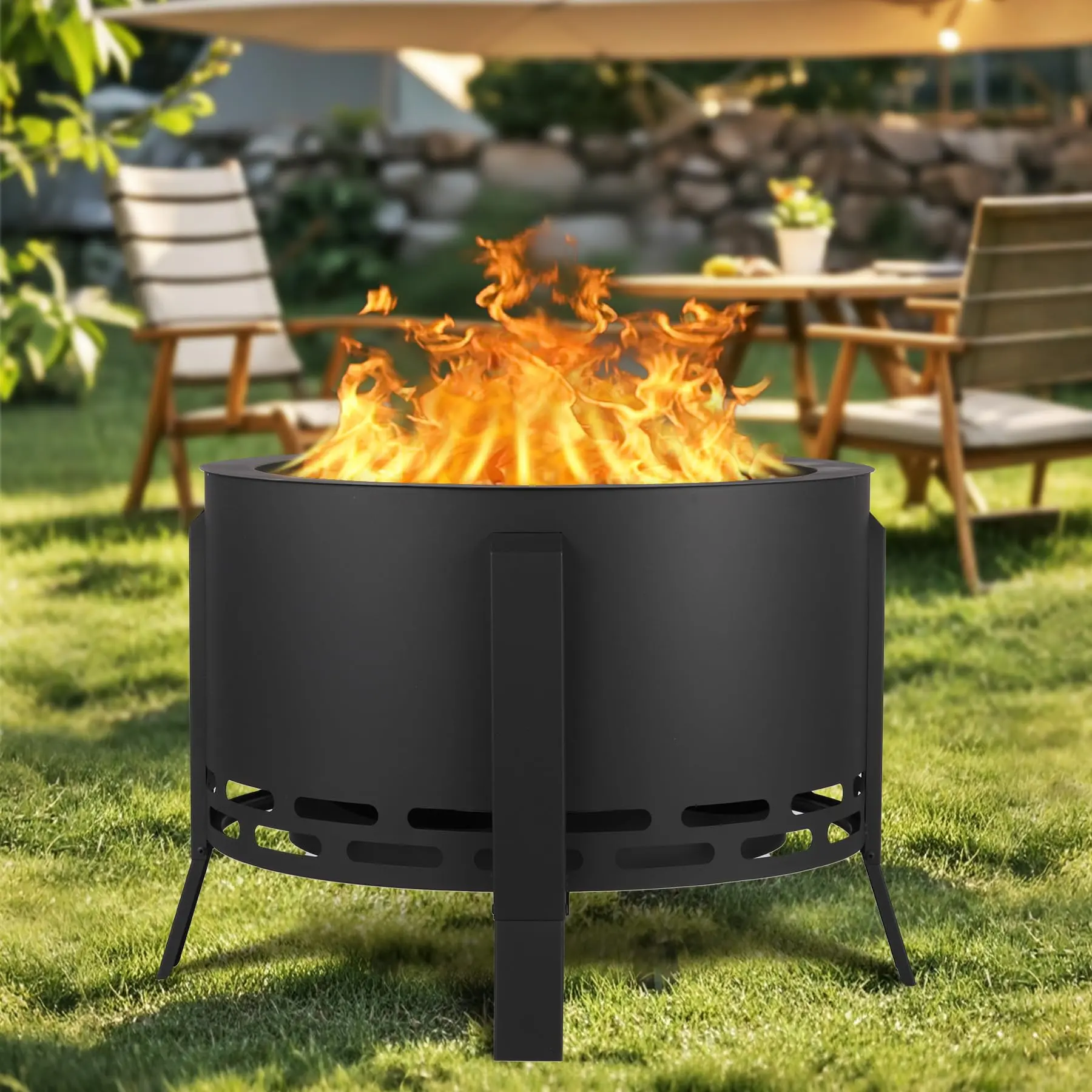 26-Inch Portable Smokeless Fire Pit with Fire Poker, Lightweight Outdoor Bonfire Stove, Durable Carbon Steel Firepit, Ideal for Camping, Picnics, and Family Gatherings