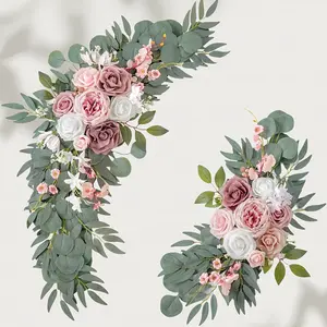 Wedding Arch Decoration Flower Wreath Set, Leaves & Roses, Contains Peony, Eucalyptus Leaves, Satin Hanging Bows, PVC Material, Decorative Flower Ornaments