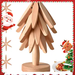 Natural Tree Trivet Set – 4 Wooden Trivets with Stand, Foldable Heat-Resistant Walnut-Wood Coasters, Perfect for Hot Pots, Bowls, Teapots, Coffee Mugs & Holiday Kitchen Decor foldable kitchen wooden trivet tote bag black walnut table  saver  less cup coas