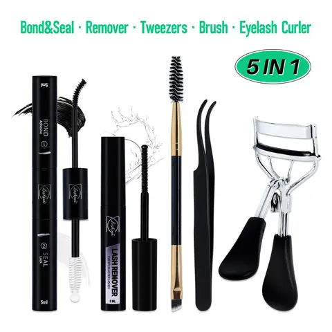 Five-in-one DIY False Eyelashes Tool Set, Set Came with Eyelash Curler, Tweezers, BOND&SEAL, Lash Remover And Lash Brush, Compact And portable, Perfect For Daily Life&Dates&Party&Travel