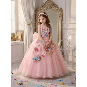 High Goodplate Girls' Dress, Sleeveless Mesh Dress, Fluffy Skirt, Three-Dimensional Floral Embroidery, Colorful Three-Dimensional Flowers Suitable for Flower Girl Weddings, Art Performances, Piano Performances, Parties, Etc
