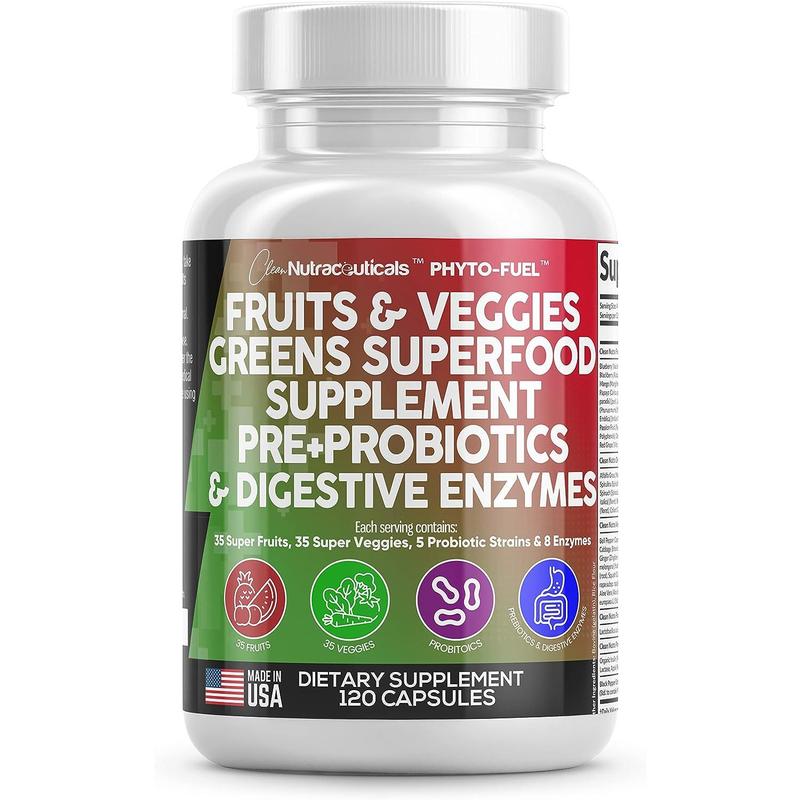 Clean Nutraceuticals Fruits & Veggies, Greens Superfood Supplement, Prebiotics, Probiotics & Digestive Enzymes for Gut Health Support Capsules – Phyto-Fuel