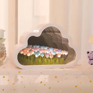 Tulip Night Light Lamp with Mirror, DIY Handmade Cloud Design, Artificial Flower Bedside Table Decor Gift for Women Girls Sisters