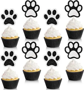 36 Pcs Paw Cupcake Toppers Glitter Dog Paw Cake Decorations Black White Glitter Puppy Cupcake Toppers for Baby Shower Boys Girls Birthday Party Cake Supplies