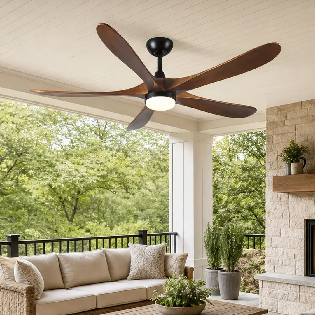 ARCH 62-Inch Solid Wood DC-Powered Ceiling Fan with Remote Control, LED Light, 5-Blade DC Motor, 6-Speed Reversible, 2 Downrods, Antique Brown Finish, Indoor/Outdoor for Living Room, Patio, Dc-Powered Ceiling Fans