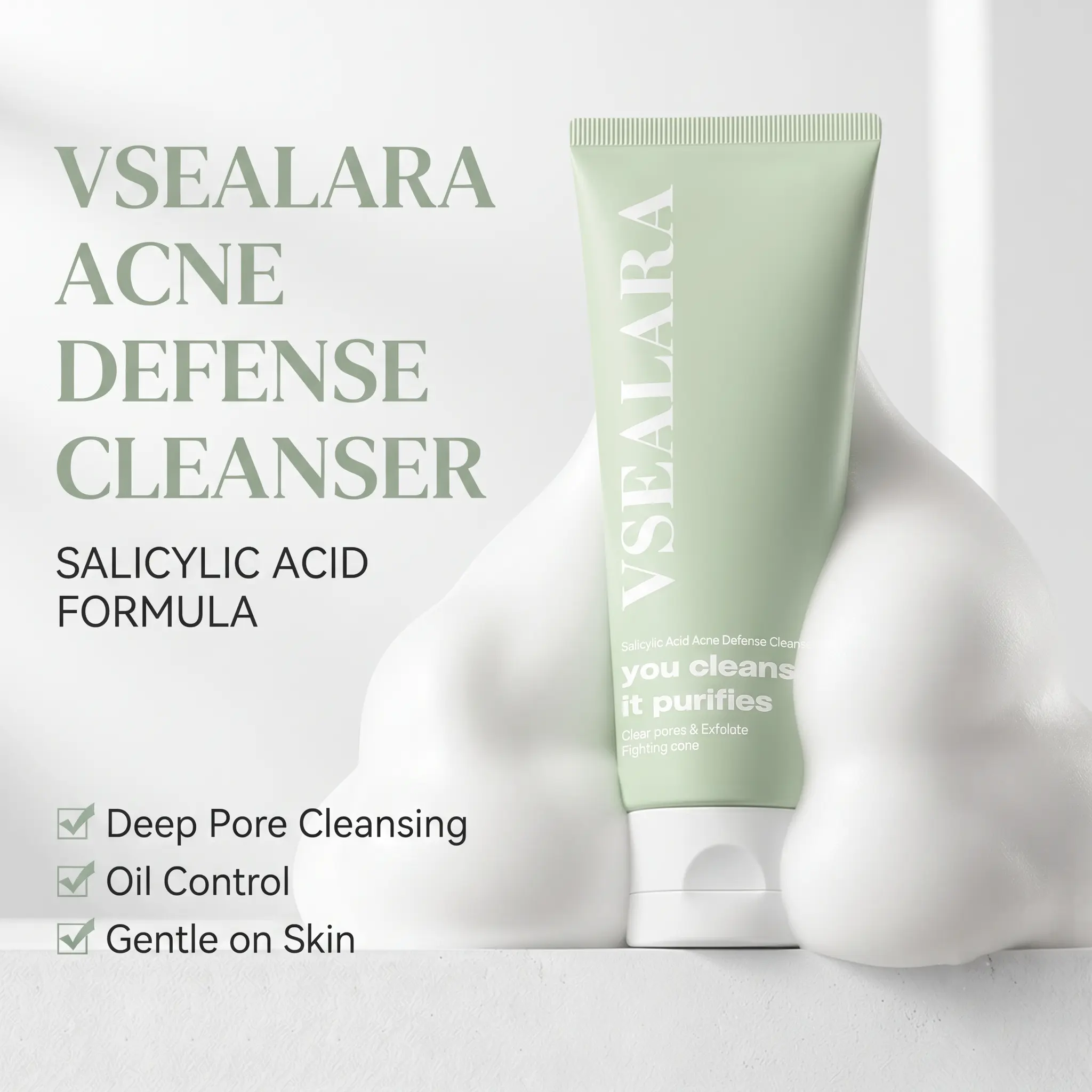 VSEALARA Salicylic Acid Deep Pore Purifying Face Wash, Daily Facial Cleanser for Oily & Acne-Prone Skin
