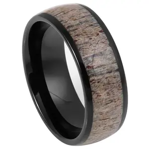 Tungsten Men's Domed Black IP Plated Real Deer Antler Inlay l  8mm
