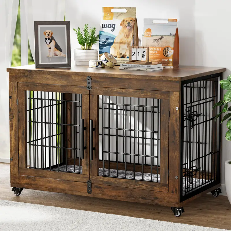Aowos Wooden Dog Crate Furniture, Stylish Dogs Kennel for Small to Extra Large, Double Door & A Cushion & 360° Wheel, Single Door & 2 Bowels, 27''/32''/38''/44'', Metal, Chew-Proof Design, Dog Cage