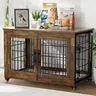 Aowos Wooden Dog Crate Furniture, Stylish Dogs Kennel for Small to Extra Large, Double Door & A Cushion & 360° Wheel, Single Door & 2 Bowels, 27''/32''/38''/44'', Metal, Chew-Proof Design, Dog Cage