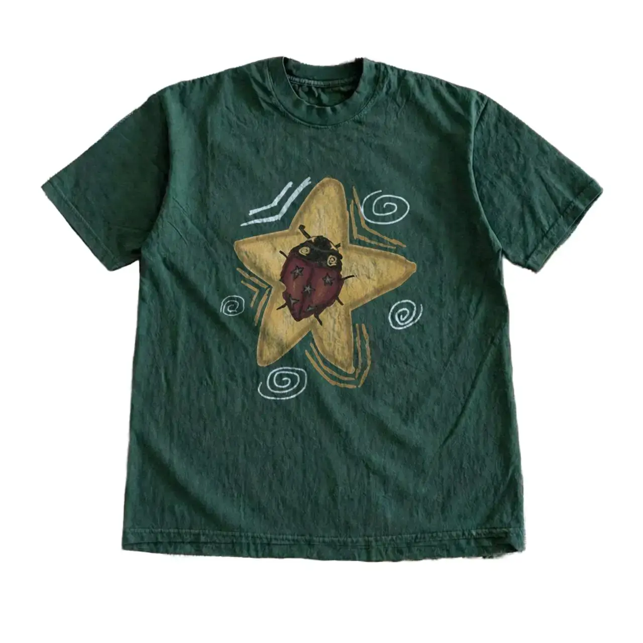Gildan Star Ladybug Quirky Art Forest Green Vintage Design, Cute Beetle Bug Graphic Tee