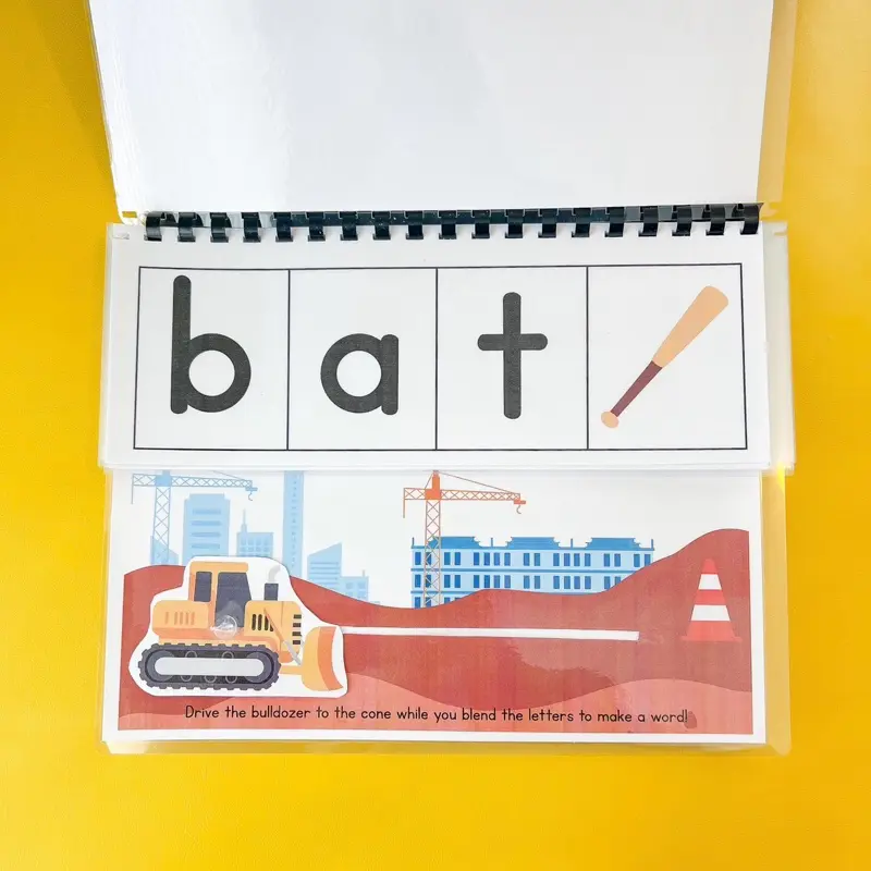 Builder Boulevard Blend & Read Interactive Laminated CVC Word Blending Book with Sliding Bulldozer 20 Beginning Reader Words for Early Readers