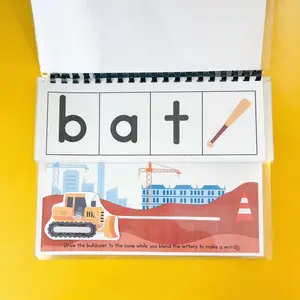 Builder Boulevard Blend & Read Interactive Laminated CVC Word Blending Book with Sliding Bulldozer 20 Beginning Reader Words for Early Readers