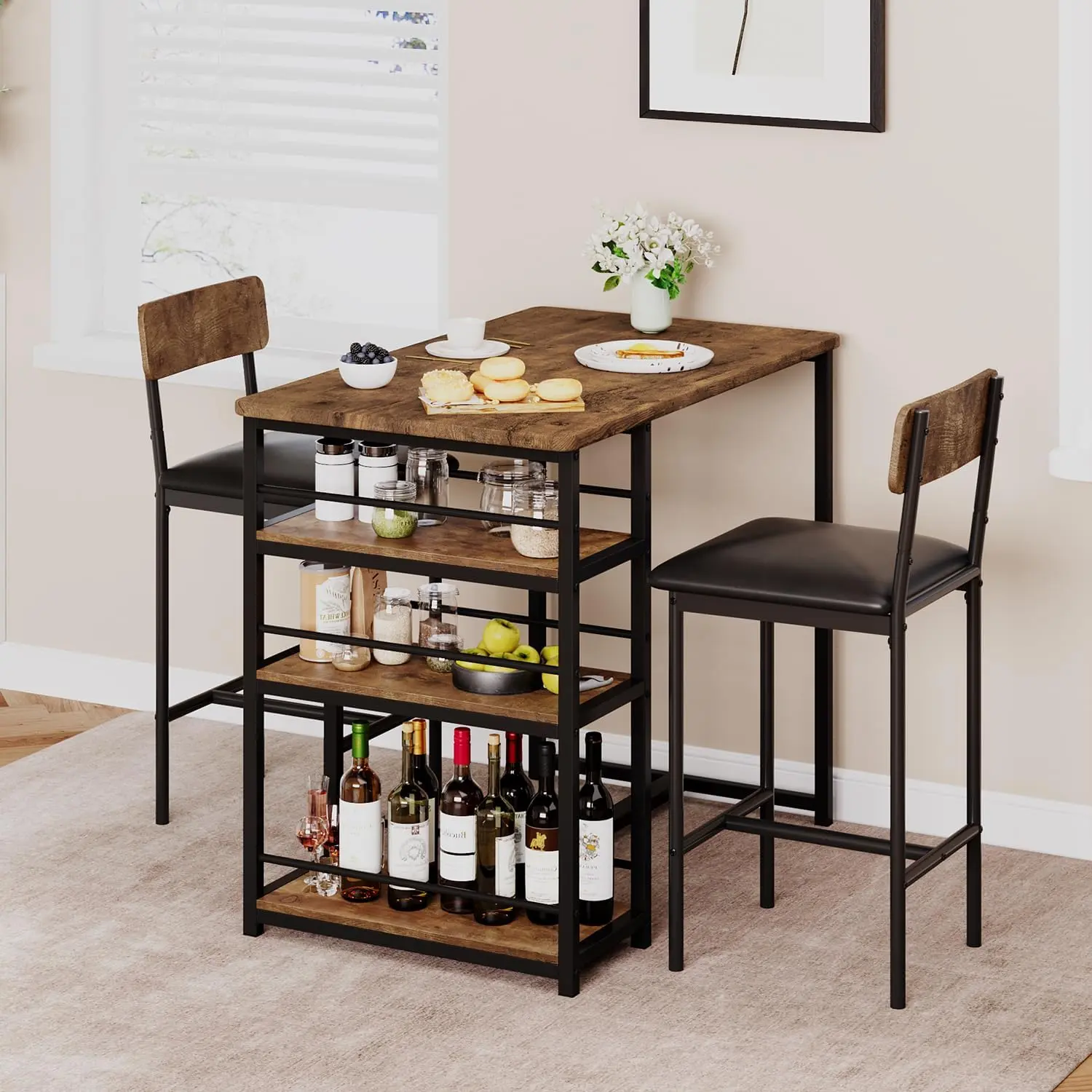 【Christmas Gift】Rustic Brown 3-Pieces Kitchen & Furniture Set, Counter Height Bar Table with 3 Storage Shelves & 2 Upholstered Bar Height Metal Chairs for Small Spaces Apartment Dining Room Wood, Kitchen Table Set, 3-Piece Kitchen & Furniture Set