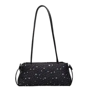 Cute Girls' Star-Patterned Shoulder Bag (Baguette Style) — Y2K-Style Star-Print Mini Underarm Bag — Nylon Shoulder Bag with Bow Accent