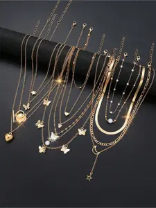 13pcs Minimalist Heart, Butterfly, Star, Moon & Disc Faux Pearl Set For Women, Gift For Date, Vacation And Daily Wear, Jewelry Accessories, Dainty Layering Jewelry, Valentines,Mom,Mother,Mother's Day,Gift, Fashion Jewelry Set