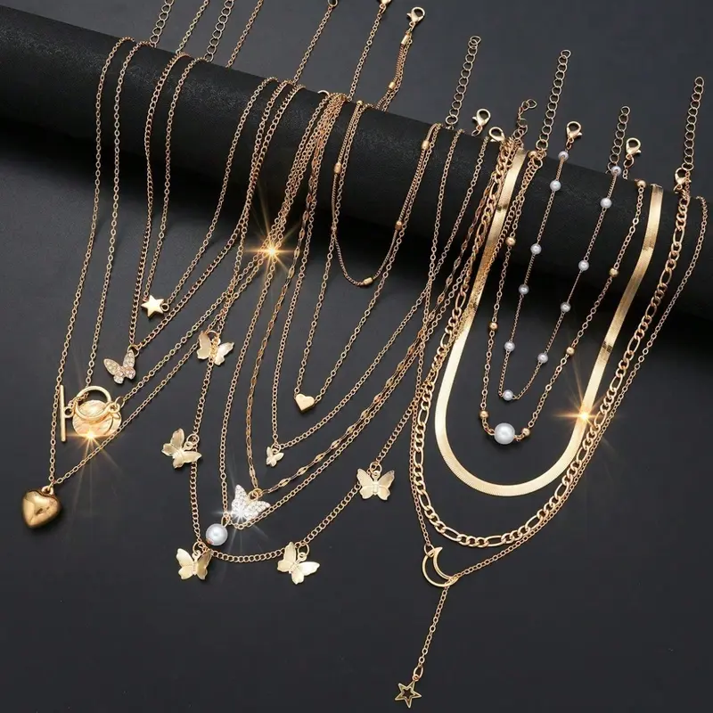 Mother's Day Gift 13pcs Minimalist Heart, Butterfly, Star, Moon & Disc Faux Pearl Gift Set For Women, Gift For Date, Vacation And Daily Wear, Jewelry Accessories, Dainty Layering, Necklace Stack, Fashionable Jewelry Set