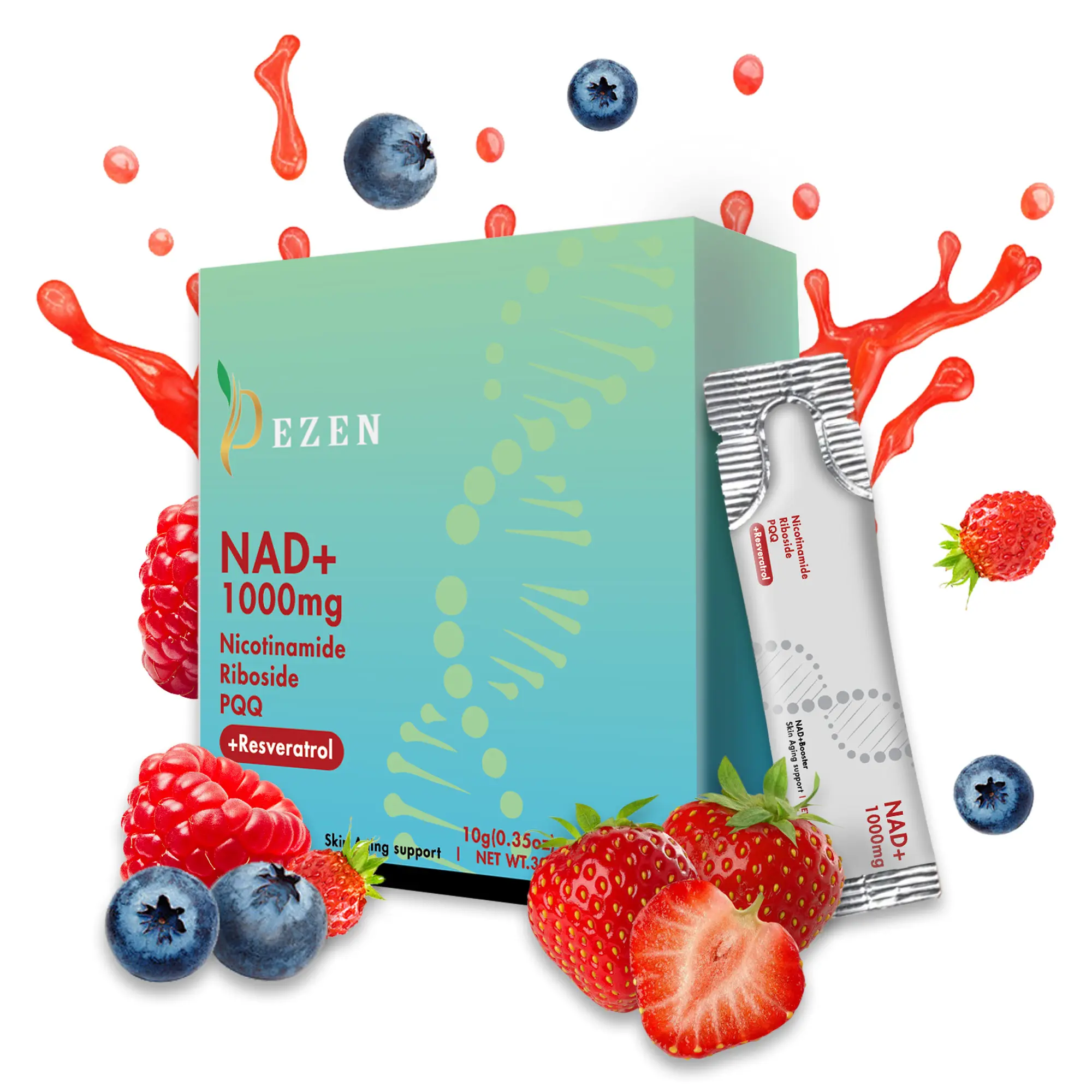 DEZEN Nicotinamide Riboside Liquid Sachets with Quercetin, NAD Trans-Resveratrol & PQQ, Berry Flavor, 30 Packets