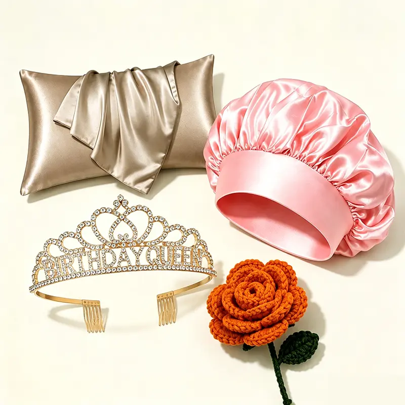 [No Shipping Fee] Wiggins Hair Gift Set With Silk Bonnet & Elastic Band & Clip & Crown & Knitted Flower & Silk Pillowcase