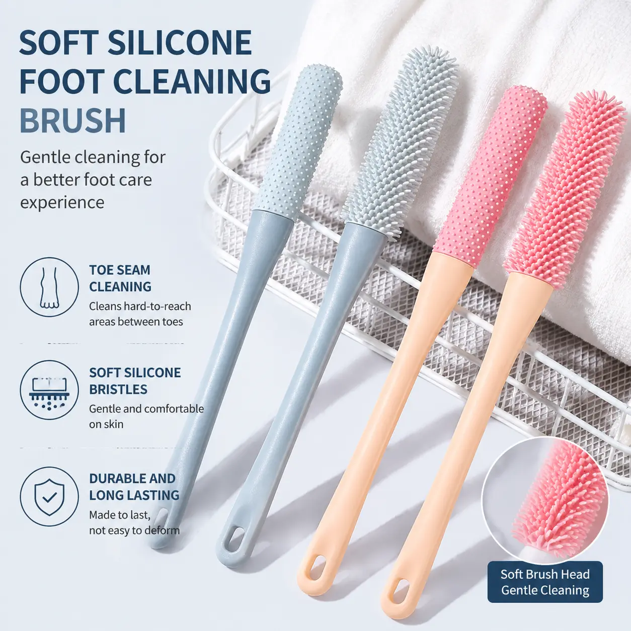 2 Pack Silicone Foot Cleaning Brush Set, Long Handle Foot Scrubber with Soft Silicone Bristles, Toe Cleaning Brush for Shower, Easy Rinse Bath Tool