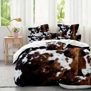 Brown and Black Cowhide Pattern Yak Leather Bedding Set, Comes with Washable Ultra-fine Microfiber Duvet Cover, Soft and Comfortable, Does Not Include Down Comforter, Available in 2 or 3 Piece Sets