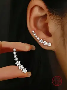 Elegant Women's Geometric Ear Cuffs, Silver Color Flower & Rhinestone Design, Perfect Gift for Birthdays & Gatherings, Artificial Zircon Earrings
