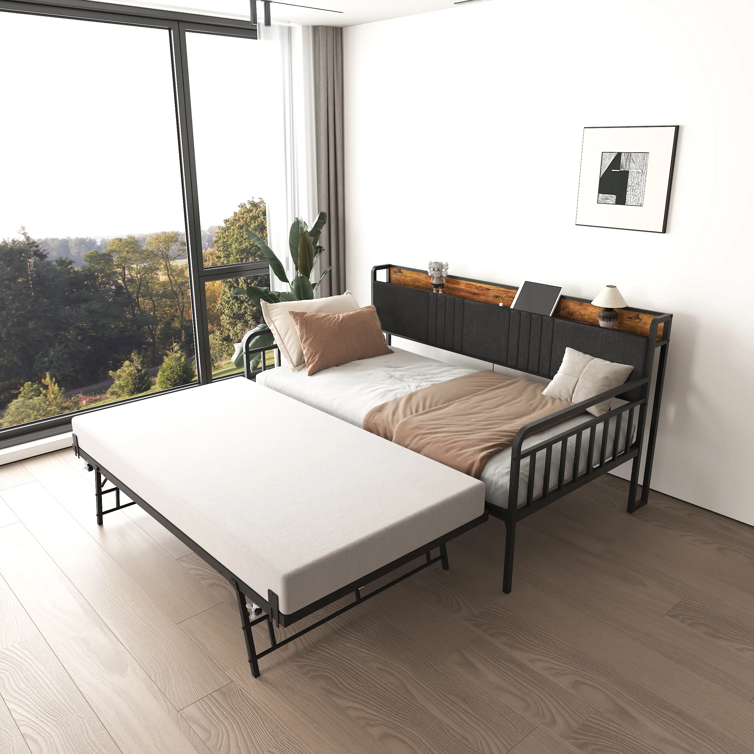 Twin Metal Glam Daybed with Pull-Out Trundle - Upholstered Headboard, USB Port Charging Station, Durable Space-Saving Single Bed for Living Room, Bedroom, Pull Out Bed