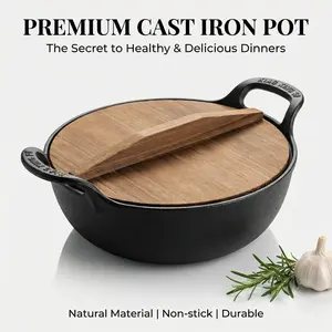 Cast Iron Soup Pot with Wooden Lid, Non-Stick and Corrosion-Resistant, Ideal for Home and Outdoor Use, Includes Handle