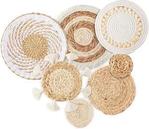 7 Pack Boho Wall Basket Decor - Seagrass Rattan Wicker Wall Decor Round Handmade Hanging Rustic Flat Elegant Wall Art for Farmhouse Living Rooms Bedrooms Display Table Settings Kitchen Home