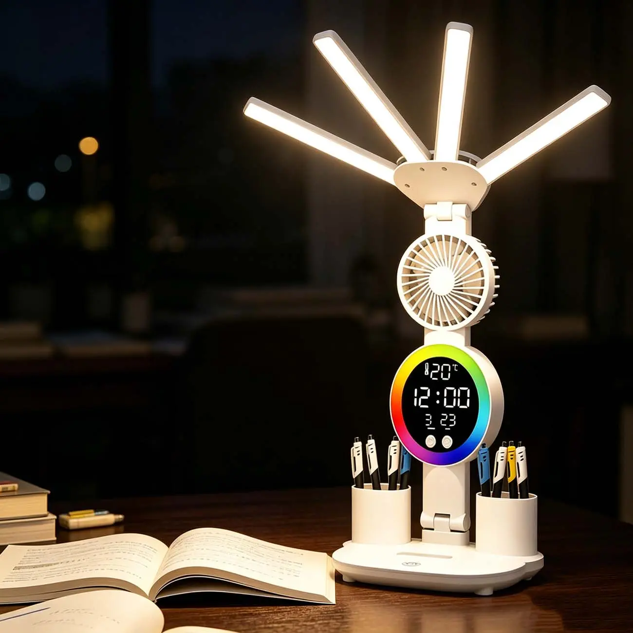 Foldable Multi Head LED Desk Lamp with Fan, Plug in Corded USB Table Light with Digital Clock Temperature Display RGB Ambient Light, Pen Holder Organizer Desk Station for Home Office Study Reading