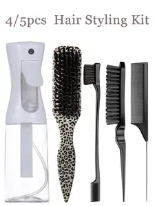 4/5pcs  Hair Styling Tool Set – Spray Bottle, Edge Brush, Teasing Brush & Rat Tail Comb, Smoothing Brush for Sleek Ponytail & Bun, Daily Home/Salon Styling, For Women & Men, Heatless Styling Tool
