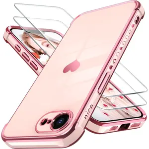 for iPhone 17e Case & iPhone 16e Case with 2X Screen Protector, Girl Women Cute Girly Love-Heart Luxury Gold Soft Cover Camera Protection Bumper Silicone Shockproof Phone Case 6.1 inch (Pink)