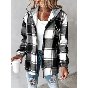 Warm Plaid Long Sleeve Shacket - Button Fleece Lined Hooded Jackets Coat Fabric Womenswear Polyester Tops