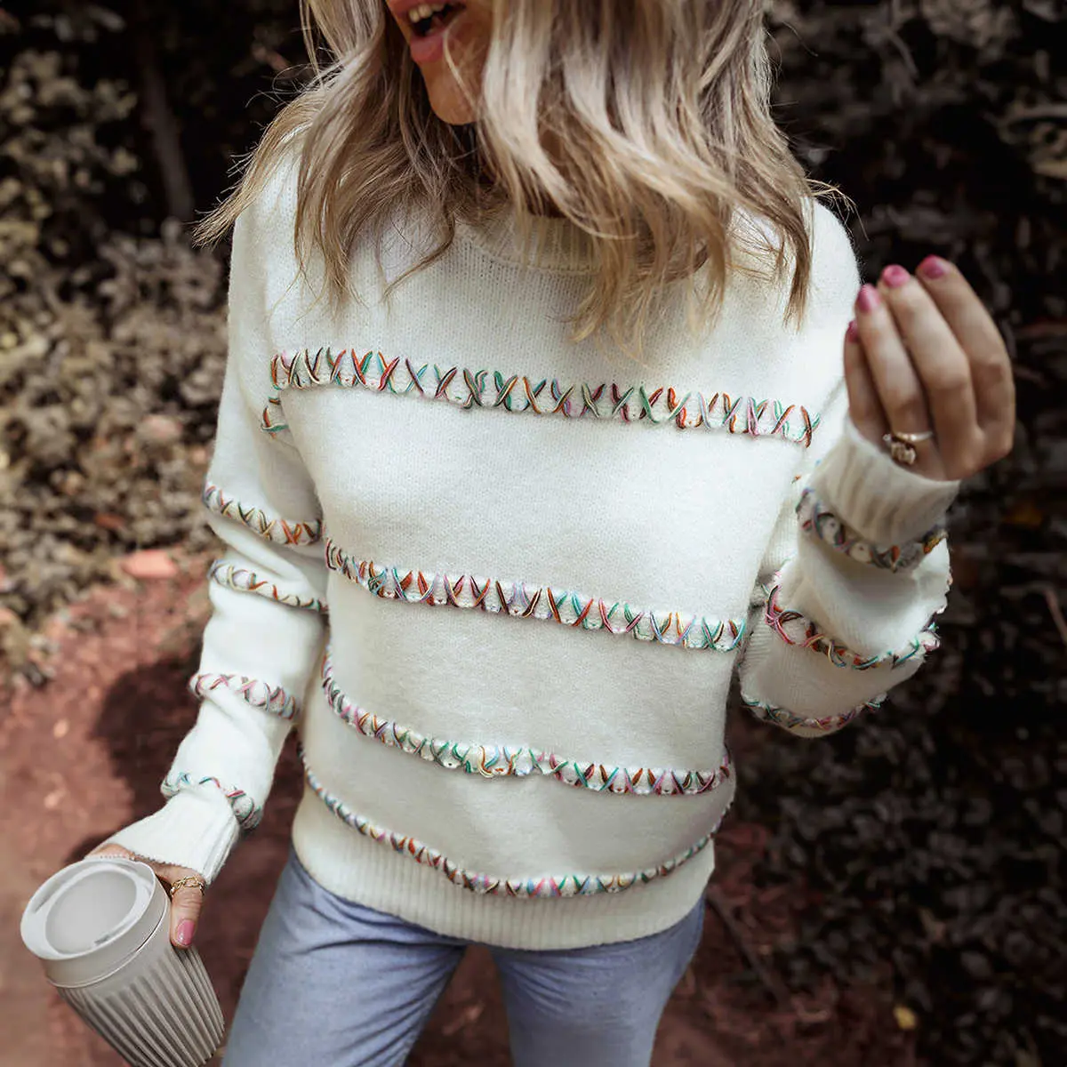 White Colorful Crossed Stitch Drop Shoulder Sweater
